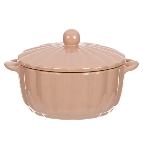 Casserole en céramique rose brillante avec deux anses et couvercle à bouton.