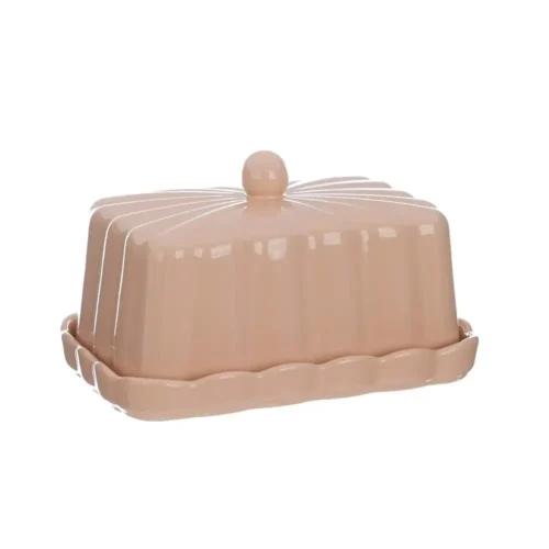 Beurrier rose Blanc Mariclo avec coupelle et couvercle cannelé en céramique brillante.