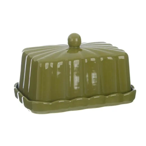 Burriera verde bosco Blanc Mariclò con piattino e coperchio scanalato in ceramica.