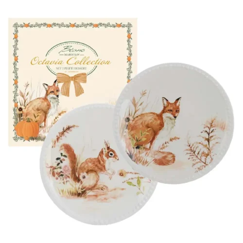 Set de deux assiettes à dessert Blanc Mariclò Octavia avec décors d'écureuil et de renard et boîte illustrée.