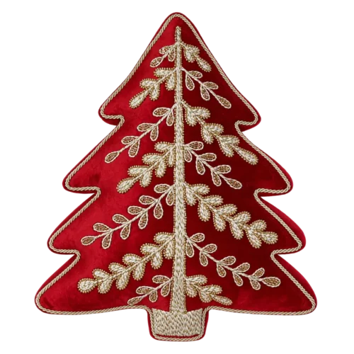 Cuscino rosso a forma di albero di Natale con applicazioni avorio e oro e bordo in cordoncino dorato.