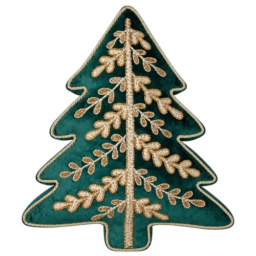Cuscino Blanc Mariclò a forma di albero verde bosco, con rami decorativi avorio e oro e profilo dorato.