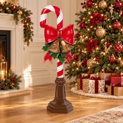 Candy cane decorativo con fiocco e campane h 92,5 cm