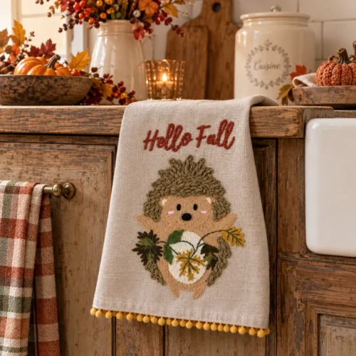 Torchon taupe Blanc Mariclo plié, avec hérisson automnal brodé, inscription Hello Fall et pompons jaunes sur le bord.