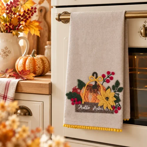 Torchon taupe Blanc Mariclo plié, avec citrouille brodée, fleur jaune, baies rouges, inscription Hello Autumn et bordure à pompons.