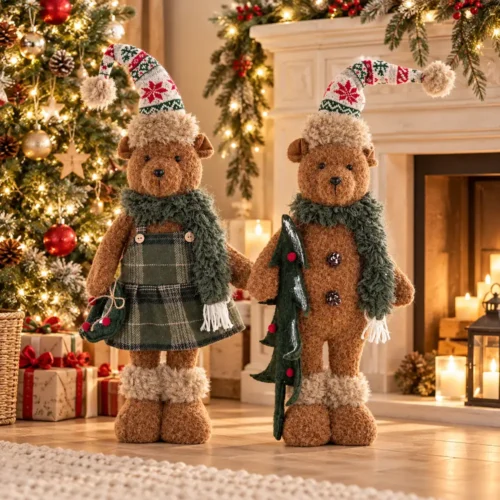 Coppia di orsetti Blanc Mariclò Teddy con cappelli natalizi e sciarpe verdi; lei con abitino tartan, lui con alberello.