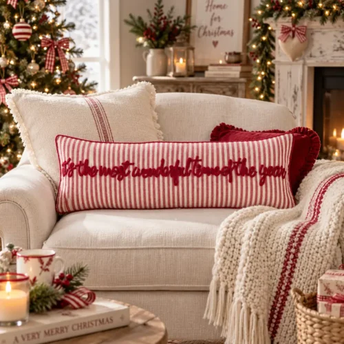 Cuscino rettangolare Blanc Mariclò a righe rosse e avorio, con scritta ricamata It’s the most wonderful time of the year.