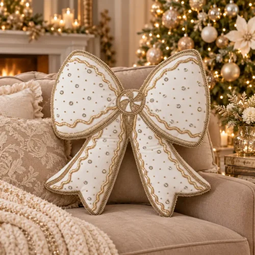 Cuscino natalizio bianco a forma di fiocco con perline color champagne e dettagli brillanti.