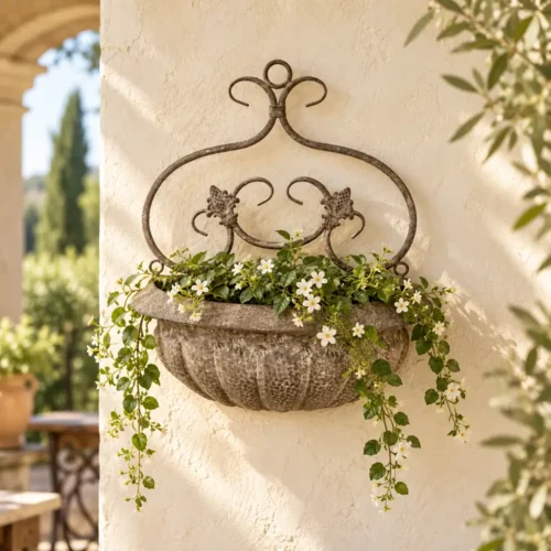 Porta vaso da parete Blanc Mariclò in metallo anticato, con struttura a volute e vasca semicircolare scanalata.