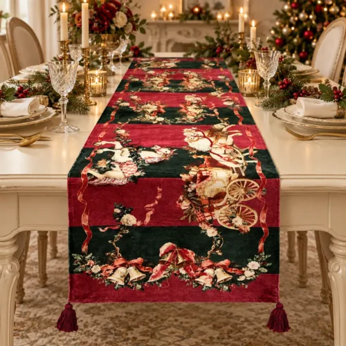 Runner Blanc Mariclò con carrozza, cavalli bianchi, fiori e campanelle su fasce bordeaux e verde bosco, con due nappine.