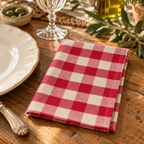 Tovagliolo Blanc Mariclò piegato, in cotone a quadri rossi e avorio con bordo semplice.