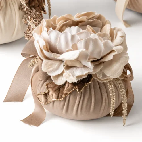 Alternative view of Fiori di Lena Pouf in Velluto Cognac con Peonia e Decorazione Natalizia Ø 16 cm