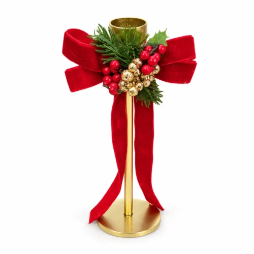 Fiori di Lena Candeliere monofiamma con fiocco rosso e decorazione natalizia H 20 cm - immagine 3