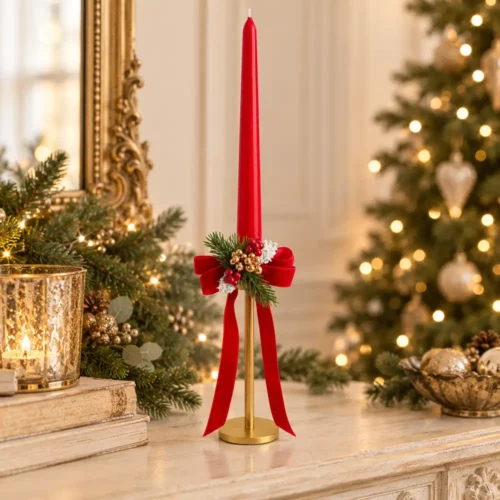 Candeliere monofiamma Fiori di Lena con fiocco rosso e decorazione natalizia, ideale per tavola e consolle delle feste; candela non inclusa.