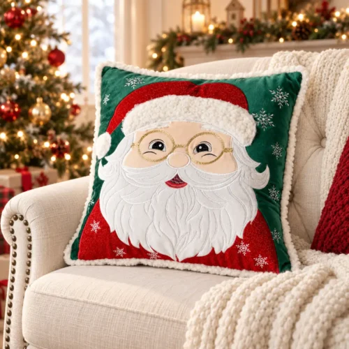 Cuscino quadrato Babbo Natale Fiori di Lena 40x40 cm verde e rosso con fiocchi di neve, ideale per decorare divano o poltrona a Natale.
