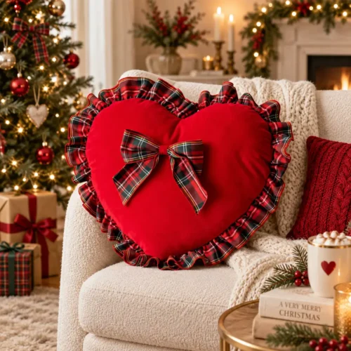 Cuscino Cuore Fiori di Lena in velluto rosso con rouches e fiocco scozzese, decorazione romantica per divano, letto e ambienti shabby chic.