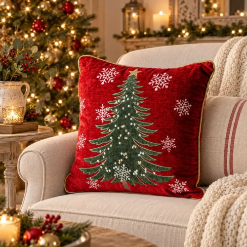 Cuscino natalizio Fiori di Lena 40x40 cm rosso con albero di Natale e fiocchi di neve, ideale per decorare divano o poltrona durante le feste.