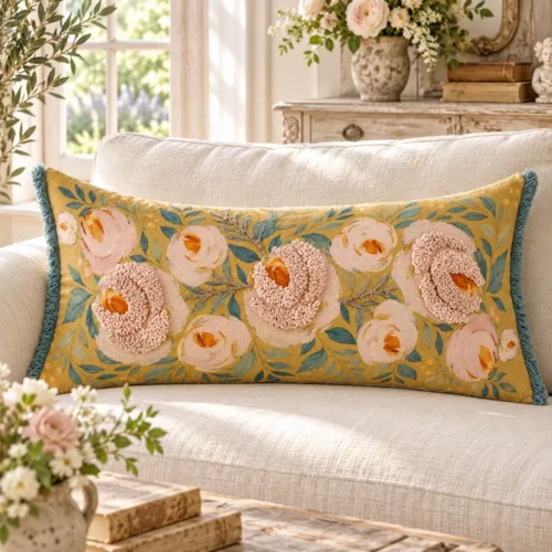 Cuscino rettangolare Bloom Collection color ocra con rose ricamate in rilievo, foglie verdi e frange verde azzurro ai lati.