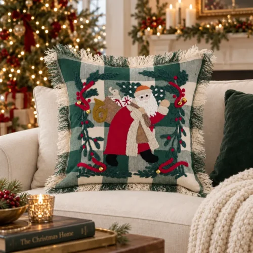 Cuscino quadrato a quadri verdi e avorio con Babbo Natale applicato, rami natalizi ricamati e bordo sfrangiato.