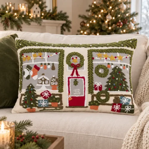 Cuscino natalizio rettangolare Little Store con vetrine decorate, alberi di Natale, regali e porta rossa centrale.