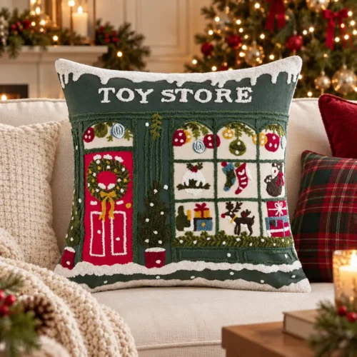 Cuscino natalizio verde Toy Store con porta rossa, ghirlanda, vetrina di giocattoli e dettagli bianchi effetto neve.