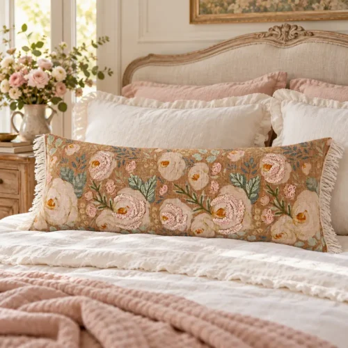 Cuscino rettangolare Bloom Collection con rose rosa e crema, foglie verdi, ricami in rilievo e frange laterali.