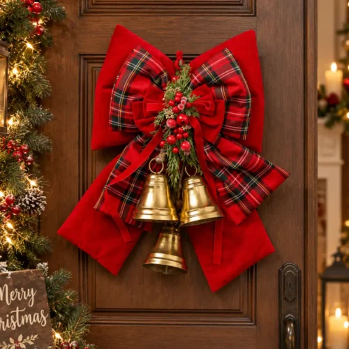 Doppio fiocco imbottito natalizio Fiori di Lena H 48 cm, rosso e tartan con campanelle e decorazioni festive, ideale per porta d’ingresso.