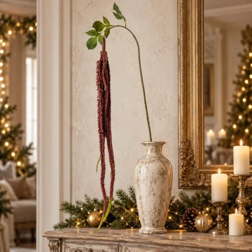Ramo di amaranthus artificiale Fiori di Lena h 100 cm in vaso decorativo, ambientato su consolle in stile shabby chic.