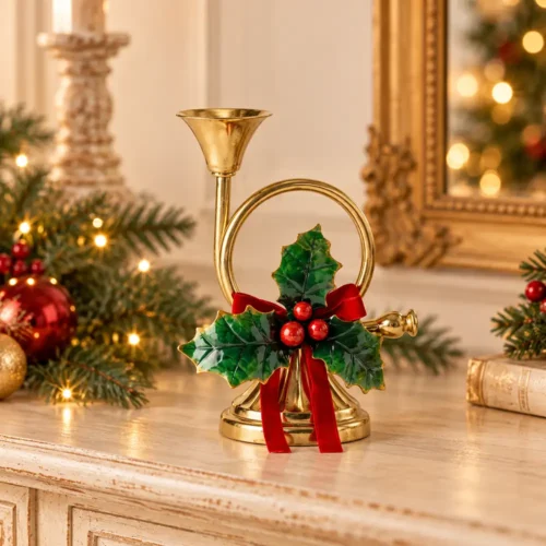 Fiori di Lena Candeliere Tromba in Metallo con Agrifoglio H 22,5 cm - immagine 3