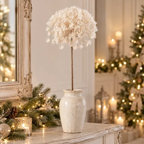 Fiori di Lena stelo floreale Snow Queen Ann bianco h 69 cm, ambientato in vaso su consolle shabby chic con luci e decorazioni natalizie.