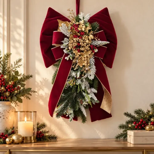 Fiocco bombato bordeaux Fiori di Lena con tralcio di pino innevato e decorazioni natalizie oro e rosse.