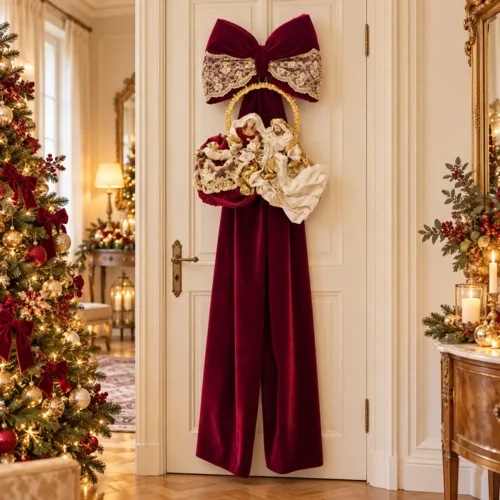 Fiori di Lena Nœud bombé bordeaux avec dentelle et Nativité H 170 cm