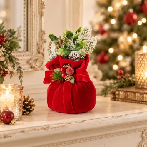 Fiori di Lena alberello natalizio profumato h 18 cm con base in velluto rosso e decorazioni innevate, ambientato su consolle shabby chic.