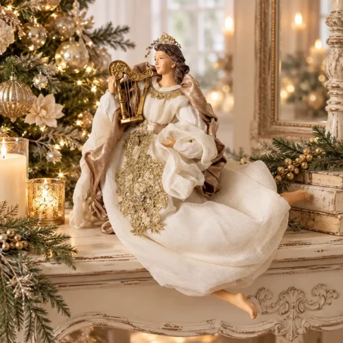 Angelo con arpa Fiori di Lena h 46 cm in tessuti avorio e dettagli dorati, ambientato in una raffinata decorazione natalizia shabby chic.
