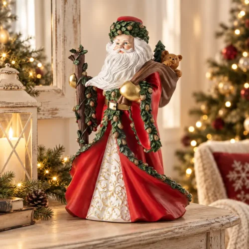 Fiori di Lena Babbo Natale in resina rosso con sacchetto h 47 cm, decorazione natalizia artigianale per consolle, soggiorno o accanto all’albero.
