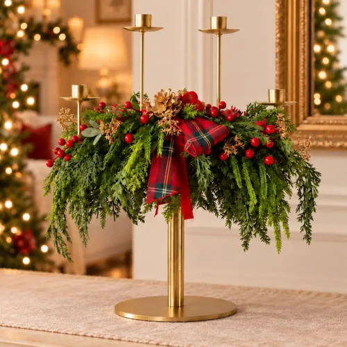Fiori di Lena candeliere natalizio 4 fiamme h 50 cm con verdi, bacche rosse, dettagli dorati e fiocco tartan, ideale per la tavola di Natale.