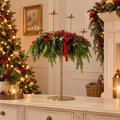 Candeliere Fiori di Lena a 4 fiamme con decorazione natalizia verde e rossa, ideale su consolle o tavola delle feste.