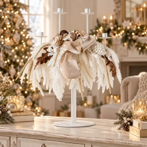 Candeliere natalizio Fiori di Lena a 4 fiamme in metallo con decorazione avorio e oro, ideale come centrotavola o decorazione per la casa a Natale.