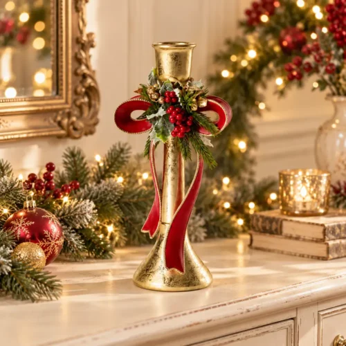 Candeliere natalizio Fiori di Lena in resina dorata con fiocco rosso, bacche e decorazioni verdi, ideale per tavola, consolle e arredi di Natale.