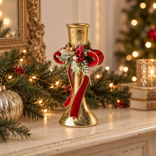 Candeliere natalizio Fiori di Lena in resina dorata con fiocco rosso e decorazioni innevate, ideale per tavola, consolle e decorazioni di Natale.