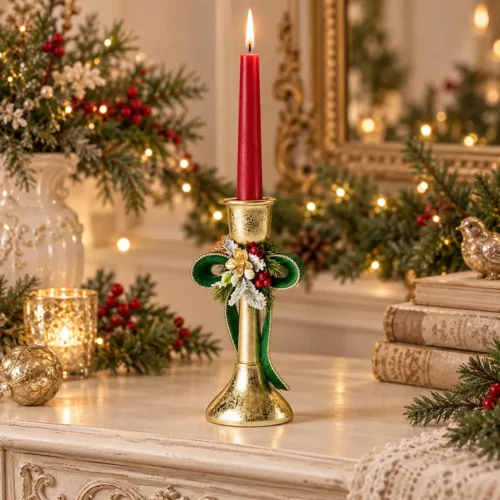 Candeliere natalizio Fiori di Lena in resina con fiocco verde e decorazioni festive, ideale per tavola, consolle e ambienti natalizi shabby chic.
