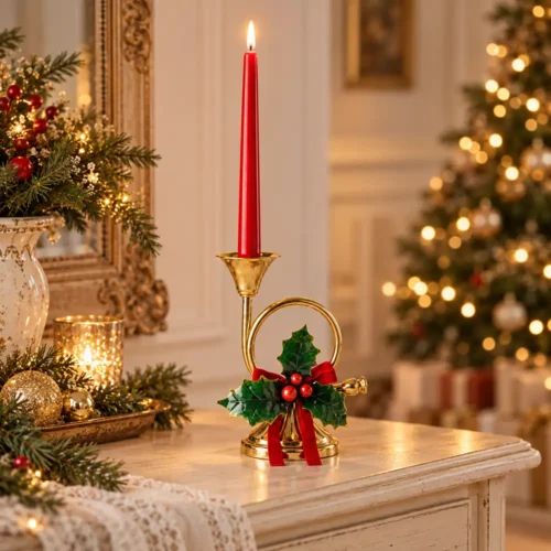 Fiori di Lena candeliere a forma di tromba in metallo dorato con agrifoglio, fiocco rosso e candela, decorazione per la tavola di Natale.