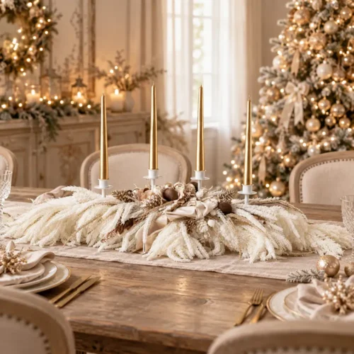 Candeliere natalizio Fiori di Lena a 4 fiamme da 117 cm con tralcio innevato, utilizzato come elegante centrotavola per la tavola di Natale.