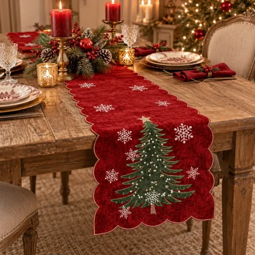 Centro rettangolare Fiori di Lena 150 x 38 cm rosso con albero di Natale, fiocchi di neve e bordo sagomato dorato, ideale per decorare la tavola delle feste.