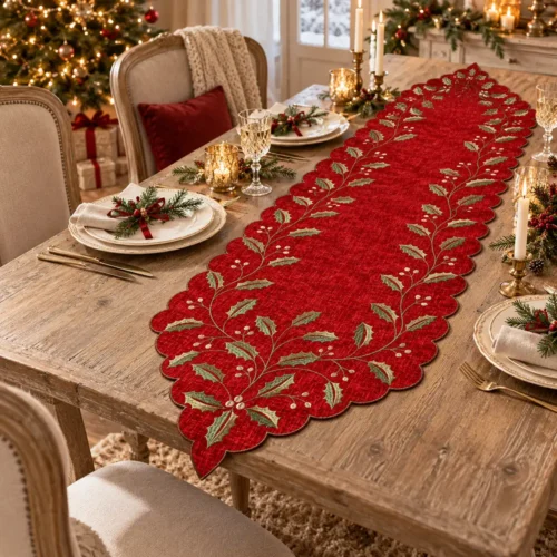 Runner a punta Agrifoglio Fiori di Lena 150x38 cm rosso ricamato, disposto su tavolo in legno per una raffinata decorazione natalizia.