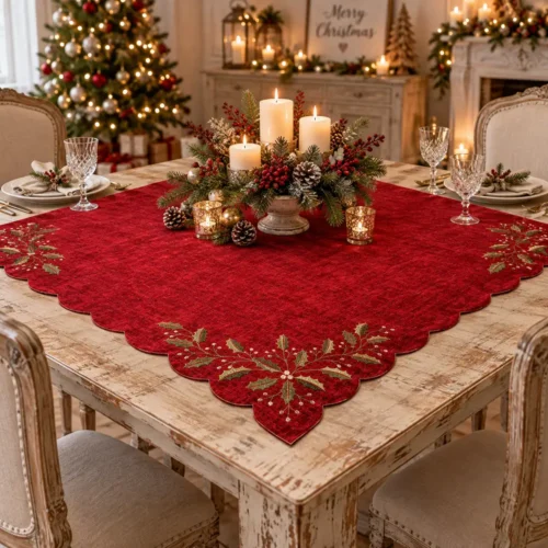 Centrotavola quadrato Fiori di Lena 110x110 cm rosso con ricamo agrifoglio e bordo smerlato, ideale per decorare la tavola di Natale.