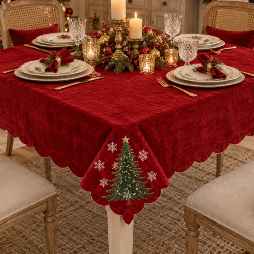 Centrotavola quadrato Fiori di Lena 110x110 cm rosso con ricamo albero di Natale e fiocchi di neve, ideale per decorare la tavola delle feste.