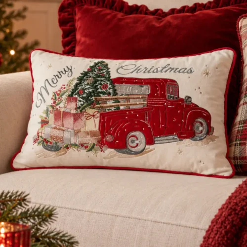 Cuscino rettangolare Furgoncino 50x30 Fiori di Lena con furgoncino rosso, regali e albero di Natale, ideale per arredare un soggiorno country natalizio.