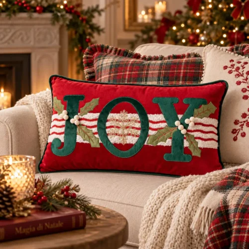 Cuscino rettangolare Joy 50x30 Fiori di Lena rosso e verde con scritta JOY e agrifoglio, ideale per decorare divano o poltrona a Natale.