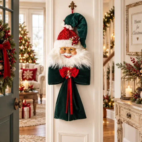 Faccia di Babbo Natale con fiocco imbottito Fiori di Lena H 115 cm, decorazione profumata da appendere all’ingresso o in un ambiente natalizio shabby chic.